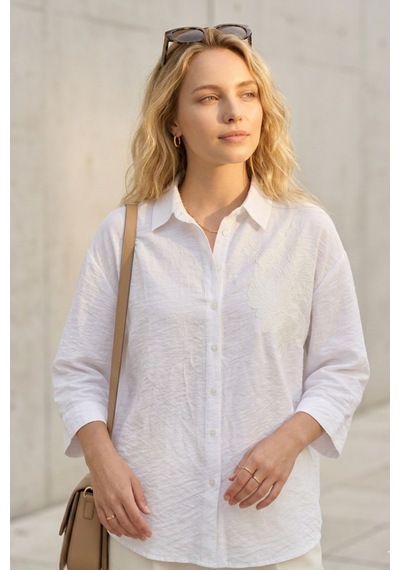 Kadın Beyaz Gömlek Düz Nakış Detaylı Uzun Kollu Oversize Şık Günlük Smart Casual Bluz - Kadın Gömlek