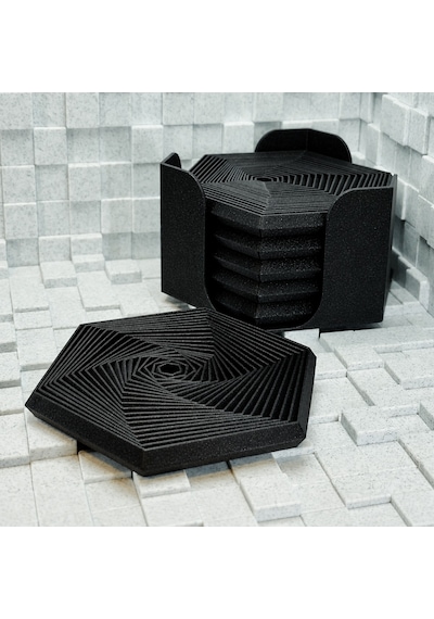 3d Baskı Super Fidget Coaster Seti - Altıgen Desenli Bardak Altlığı Ve Tutucu-siyah Diğer