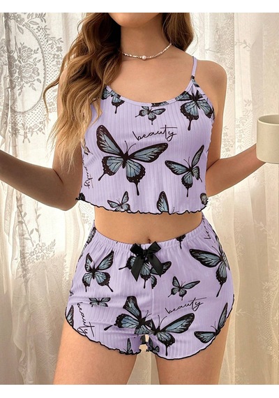 Melonika Mor Renk Kelebek Desenli Şortlu Ev Giyim Takımı,kadın Yazlık Askılı Pijama, Rahat Ve Şık Ev Giyim Çok Renkli