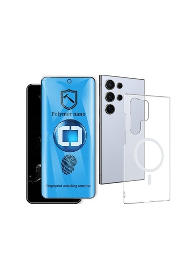 Vendas Samsung Uyumlu Galaxy S22 Ultra Kamera Korumalı M-safe Şarj Özellikli Şeffaf Zore London Sert Pc Kapak + Polymer Nano Ekran Koruyucu Şeffaf