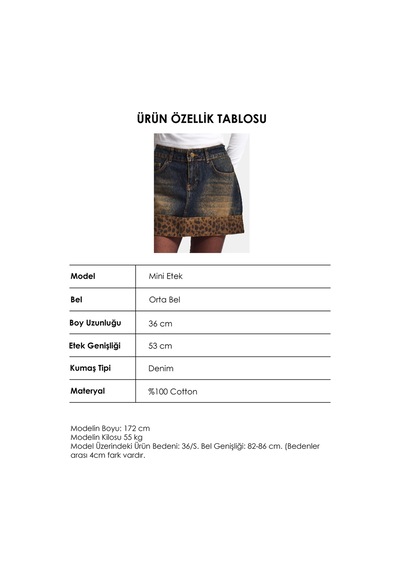 Kadın Koyu Kot 2w6-8 Straight Leopar Detaylı Tasarım Denim Etek