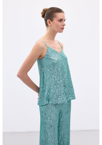 Sateen Payet Detaylı Askılı Bluz - Mint-136546 Mint