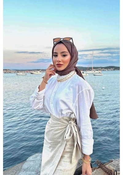 Unika Boutique Fiyonk Bağlamalı İçi Astarlı Keten Etek - Taş Rengi Bos