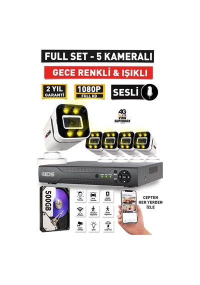 Sesli - 5 Kameralı Fullhd Gece Renkli Ve Işıklı Güvenlik Kamerası - Kamera Seti 500gb Disk
