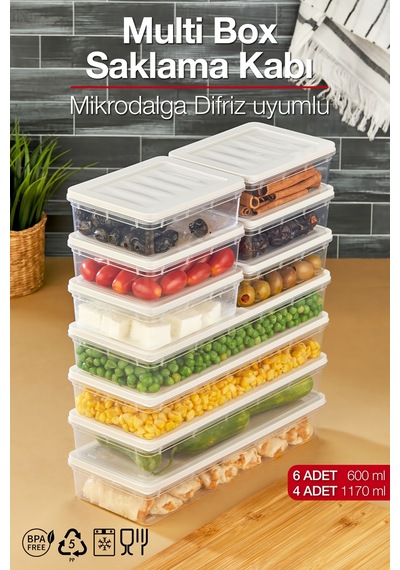Multi Box 10 Parça 2 Farklı Boy Saklama Kabı Seti - Dondurucu & Mikrodalga Uyumlu Krem
