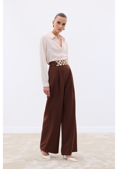 Sateen Kemerli Salaş Pantolon - Kahve-136531 Kahve
