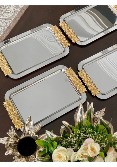 Atabey Home Collection 2'li Kahve & Çay & Sunum Dikdörtgen Büyük Sunum Tepsisi Çelik Gül Model Gold 30 Cm