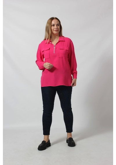 Moda Berray 3055 Yaka Fermuarlı Yandan Yırtmaçlı Gömlek Pembe