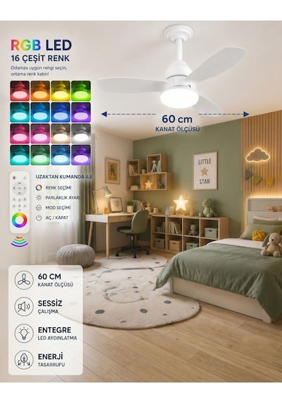 German New White Super Fan 60 Cm Kalın Kanat Dim Ayarlı Tavan Vantilatörü Rgb Led 16 Renk Sessiz Sinek Kovar