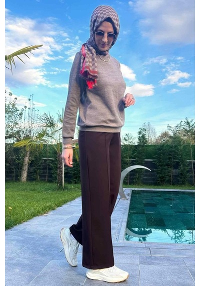 Rabia Şamlı Acı Kahve Nervürlü Bol Paça Pantolon Normal