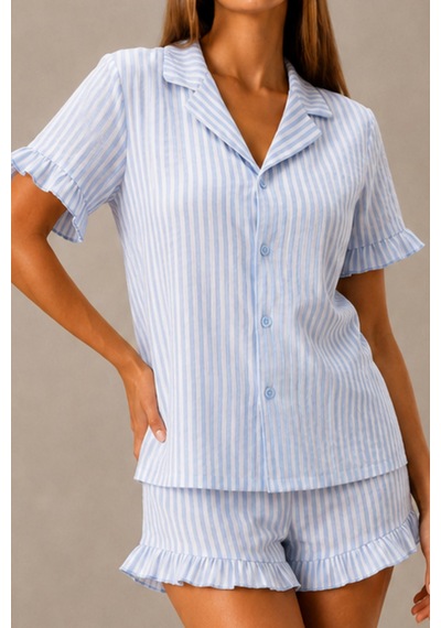 Kadın Günlük Düğmeli V Yaka Mavi Pijama Takımı