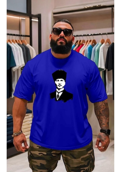 Atatürk Baskılı Oversize Unisex Tişört Saks Mavisi