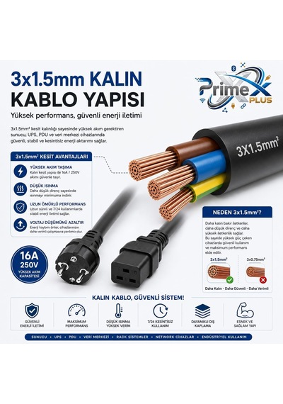 Primex Px-srv15 2 Metre 3x1.5mm C19 Ups Server Power Kablo, Full Bakır C19 Schuko Güç Kablosu, 16a 250v Sunucu Pdu Ups Veri Merkezi Güç Bağlantı Kablosu, Siyah Diger