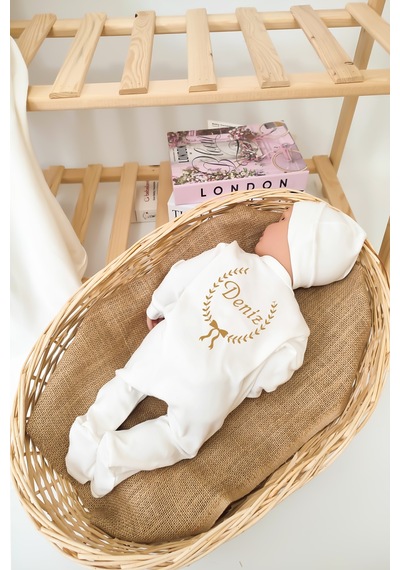 Sitilin Kız Erkek Bebek %100 Pamuk İsime Özel Organik Baskılı Hastane Çıkışı İsimli Fırca Hediye Set Stl7082 Ekru