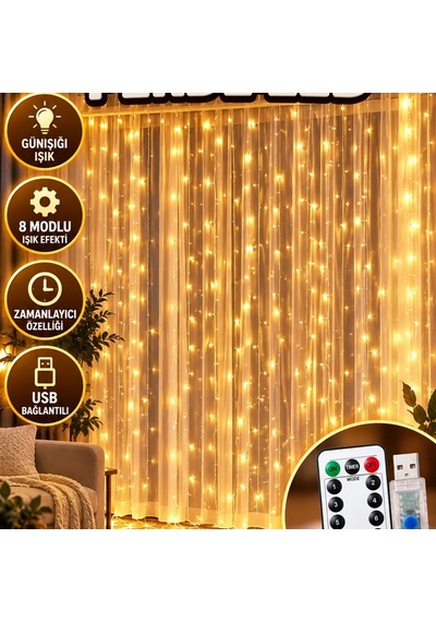 3x3 Metre Günışığı Perde Led 8 Modlu Uzaktan Kumandalı, Zamanlayıcılı Ve Usb Bağlantılı