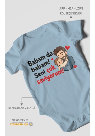 Morivokids Babam Da Babam Seni Çok Seviyorum Kısa Kollu Bebek Body %100 Pamuk Bebe Mavisi