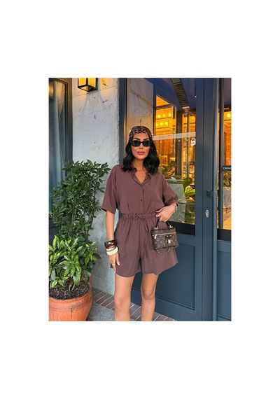 Nido Moda Kadın Cepli Oversize Gömlek Ve Beli Bağcıklı Şort İkili Takım Kahverengi