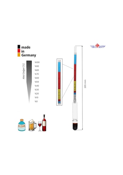 Alkol-Metre Ölçer ve 250 Ml Cam Mezür Alman Malı
