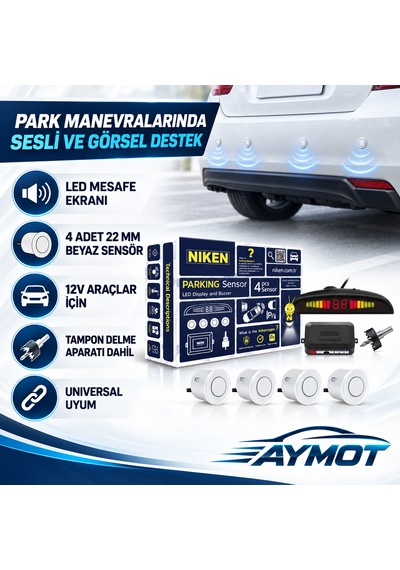 Niken Universal Led Ekranlı Ses İkazlı Beyaz Park Sensörü 22 Mm
