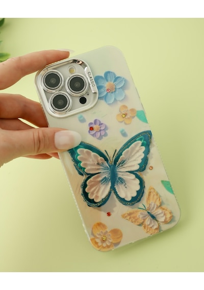 Apple Uyumlu iPhone 15 Pro Lens Korumalı Simli Kelebekli Çiçekli Kılıf