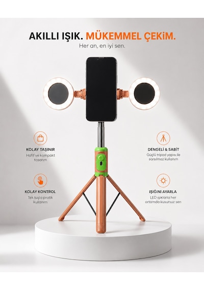 Blc Çift Led Işıklı Selfie Çubuğu Tripod Telefon Standı Katlanabilir Ergonomik Telefon Tutucu