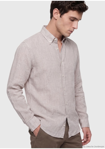 Ramsey Bej Düz Casual Fit Uzun Dokuma Casual %100 Keten Gömlek