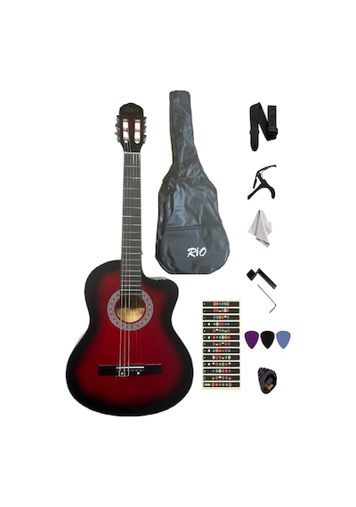 Kırmızı Klasik Gitar Kesik Kasa Sap Ayarlı 4/4 Tam Boy Kılıf Kapo Pena Ve Penalık Sticker Çevirici