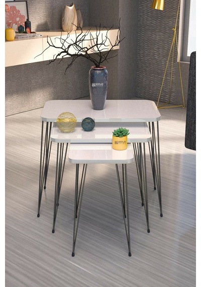 Metal Ayaklı Zigon Sehpa 3 Lü Set Beyaz