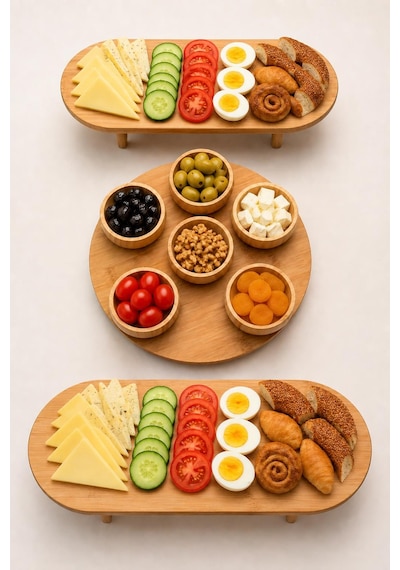 9 Parça Bambu Kahvaltılık Sunum Seti Döner Standlı Kahvaltı Takımı Kase , Oval Sunum Standı