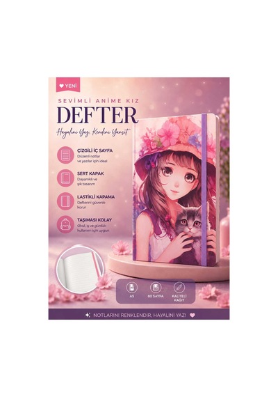 Sevimli Anime Kedili Kız Tasarımlı Sert Kapak Defter A5 Çizgili 80 Sayfa Lastikli Pembe Pembe