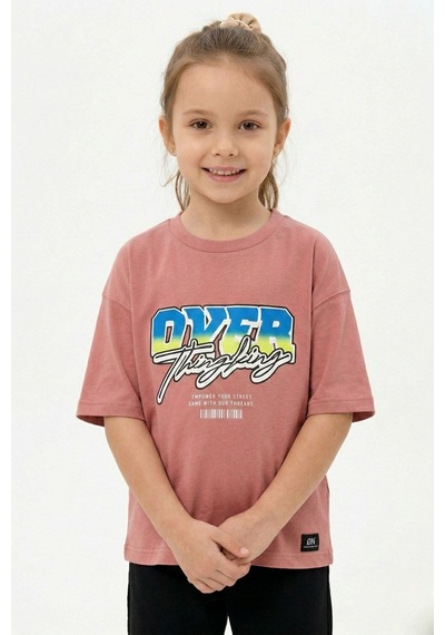 New Kids Baskılı %100 Pamuk Kız Çocuk Tişört-90492 Somon