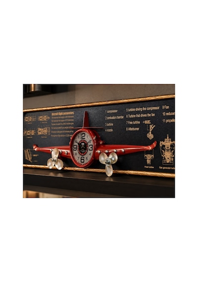 Uçak Tasarımlı Duvar Tablosu 3d Kabartmalı Metal Uçak Duvar Saati Tablo Ev Ofis Dekoru 78x21cm Krmzı Biblo