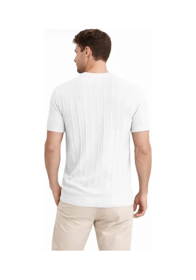 Vexor Erkek Yazlık Fitilli Triko Tişört Kısa Kol Bisiklet Yaka T-shirt - Beyaz