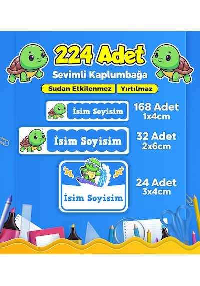 Sevimli Kaplumbağa Temalı Okul Kreş Kişiye Özel İsim Etiket Seti - Model 196 Çok Renkli