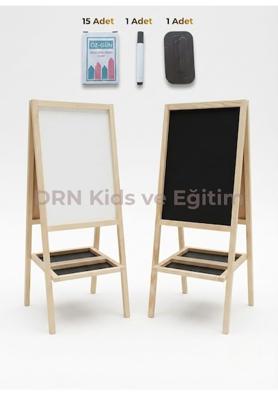 Drn Kids Ve Eğitim Çift Taraflı Yazı Tahtası 15 Renkli Tebeşir Silgi Ve Kalem Hediyesidir Dogal Ahşap