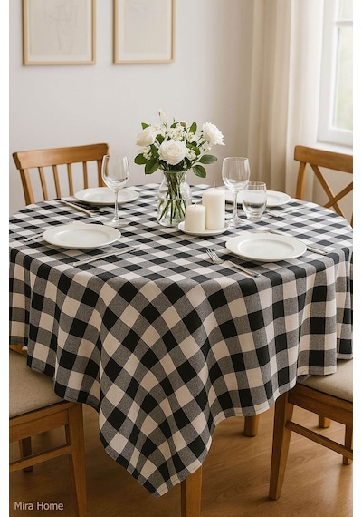Mira Home Kareli Masa Örtüsü Sofra Bezi 160x160 Cm Happytime Siyah
