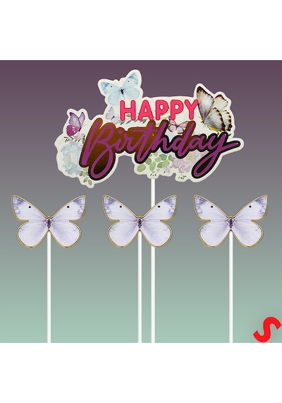Kelebekli Happy Birthday Pasta Süsü 4 Lü Set - Mor