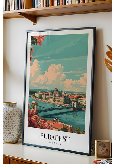 Budapest Hungary Vintage Seyahat Posteri Çerçeveli Tablo - Premium Tuna Nehri Elit Duvar Dekoru Siyah