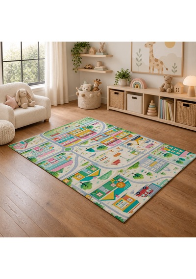 Kartela Halı Şehir Haritası Kaymaz Taban Çocuk Oyun Halısı - 60 X 90 Cm Çok Renkli