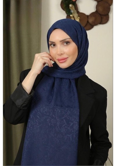Flora Tekstil Çiçekli Desen İnce Medine İpeği Jakar Şal Lacivert