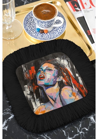 Modern Sanat Portre Saçaklı Sunum Peçetesi-ekspresyonist Renkli Bohem Siyah Bardak Altlığı Mendil Buzlu Grili Nar Modern Sanat Portre Saçaklı Sunum Peçetesi-ekspresyonist Renkli Bohem Siyah Bardak Altlığı Mendil Buzlu Grili Nar