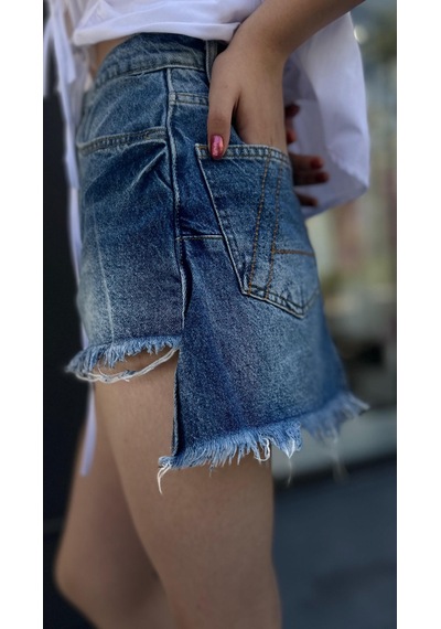 Tasarım Denim Şort Etek Lacivert