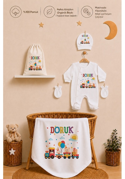 Pia Baby İsme Özel Hastane Çıkışı %100 Pamuk Erkek Bebek Organik Baskılı Tulum Set Keseli Hediyelik 2050tybkyx Krem