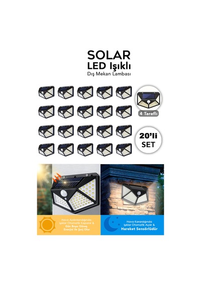 20 Adet Güneş Enerjili Duvar Lambası - Solar 100 Led Işık 3 Modlu Hareket Sensörlü Bahçe Aydınlatma Siyah