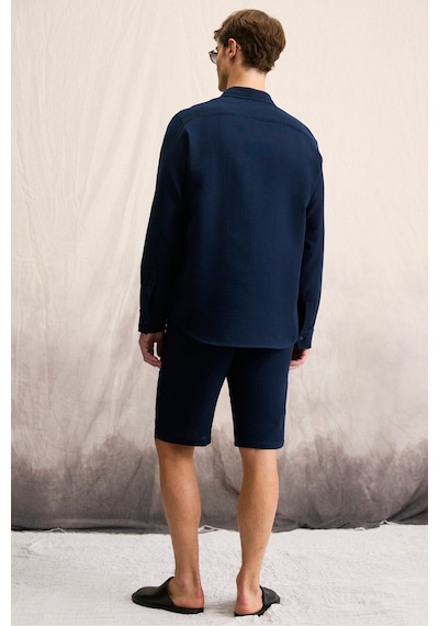 Grimelange Jens Erkek %100 Pamuk Müslin Kumaş Yanları Cepli Slim Fit Dar Kesim Lacivert Şort