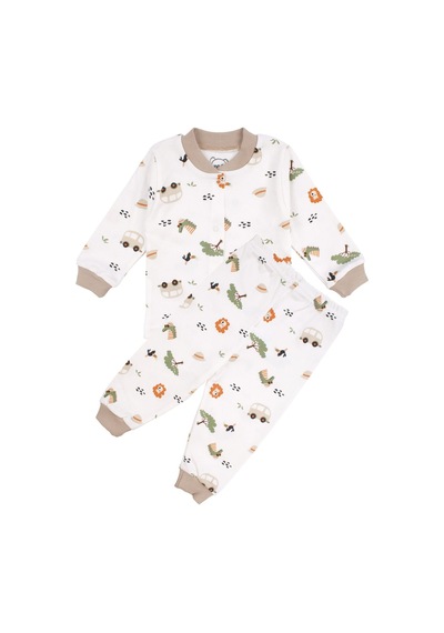 Bebegen Erkek Bebek Ekru Otobüslü Hayvanlı Çıtçıtlı Pijama Takımı Çok Renkli