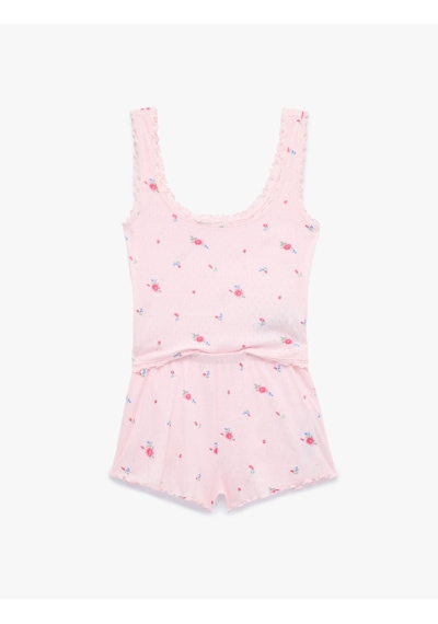 Koton Pamuk Karışımlı Desenli Rahat Kesim Şortlu Pijama Takımı Pembe Desenli 6slk40039mk
