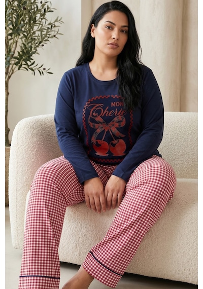 Siyah İnci Pamuklu Likralı Büyük Beden Battal Boy Örme Pijama Takım 26240892 Lacivert