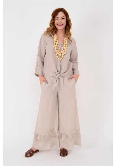 Eren Style İtalyan Fisto Paça Detaylı Keten Pantolon-9893 Bej