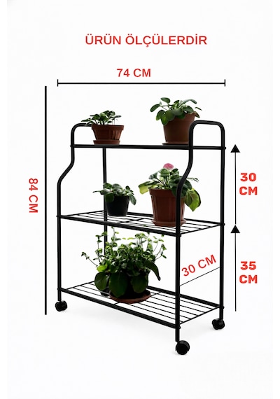 Modern Siyah 3 Katlı Metal Tekerlekli Mutfak Ve Dekoratif Saksılık Çiçeklik Dayanıklı Raflı Stand-organizer Siyah